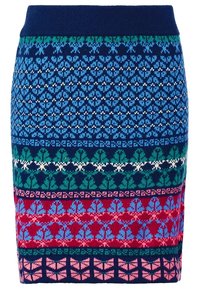 Gonna a maglia con strisce orizzontali a motivo nei colori blu scuro, blu, verde, rosso, rosa e bianco, con motivi floreali e geometrici.