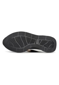 Suola di scarpa in gomma nera con un intricato motivo di battistrada e scanalature. Presenta una superficie liscia e piatta per la trazione. Bordature bianche visibili.