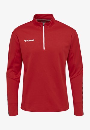 Rode longsleeve pullover met hoge kraag, witte rits en textiel met structuur. Heeft zwart-witte gestreepte accenten op de mouwen.