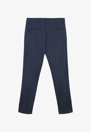 Pantaloni sartoriali blu navy a taglio aderente, dotati di due tasche posteriori a fessura e passanti per cintura in vita.