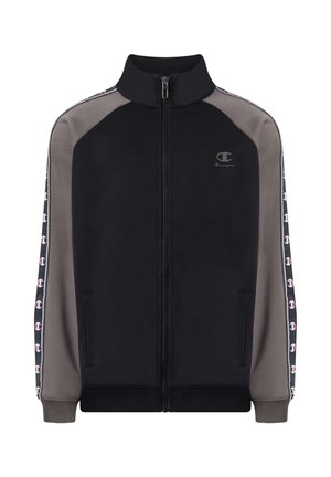 Veste de sport zippée noire et grise avec col montant et bandes latérales à motifs avec petits logos sur les manches et la poitrine.