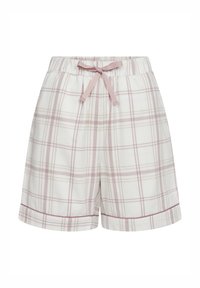 Lightweight cotton shorts featuring a white base with pink and beige plaid patterns, an elastic waistband, and a matching ribbon tie.