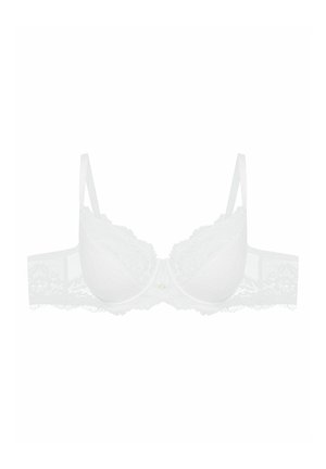 White lace bra with underwire, featuring scalloped edges, sheer panels, and a small center accent. Adjustable straps for fit.