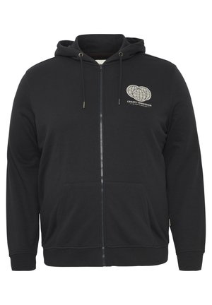 Black zip-up hoodie made of cotton, featuring a front pocket and drawstring hood. The left chest displays a light-colored graphic logo.