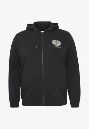 Černá mikina s kapucí na zip vyrobená z bavlny, s přední kapsou a stahovací kapucí. Na levém prsu je umístěno světle zbarvené grafické logo.