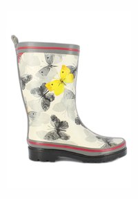 Rubberen regenlaars met een crème achtergrond en zwarte en gele vlinderprint, grijze afwerking en een gestructureerde zwarte zool.