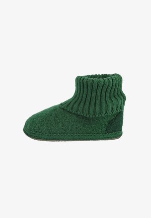 Grüner Wollschuh mit geripptem Schaft, flacher Sohle und strukturiertem Obermaterial. Verfügt über ein nahtloses Design für Komfort und Wärme.