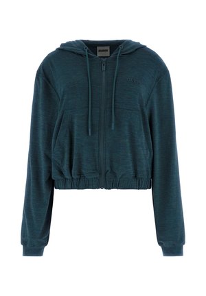 Cropad hoodie i djup teal med dragkedja fram, snodd i huvan och två framfickor. Har elastisk nederkant och ärmar för en figurnära look.