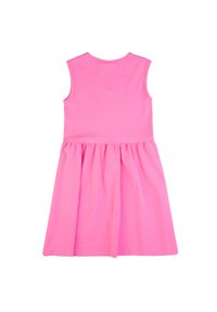 Abito senza maniche rosa con scollatura rotonda. Gonna a forma di A arricciata in vita, realizzata in morbido e leggero cotone.