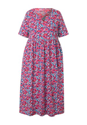 Florales Maxikleid mit einem Muster in Pink, Blau und Weiß, kurzen Ärmeln, V-Ausschnitt und geraffter Taille, aus leichtem Stoff gefertigt.