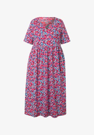 Floral maxi-jurk met een roze, blauwe en witte print, korte mouwen, een V-hals en een geplooid middel, gemaakt van lichte stof.