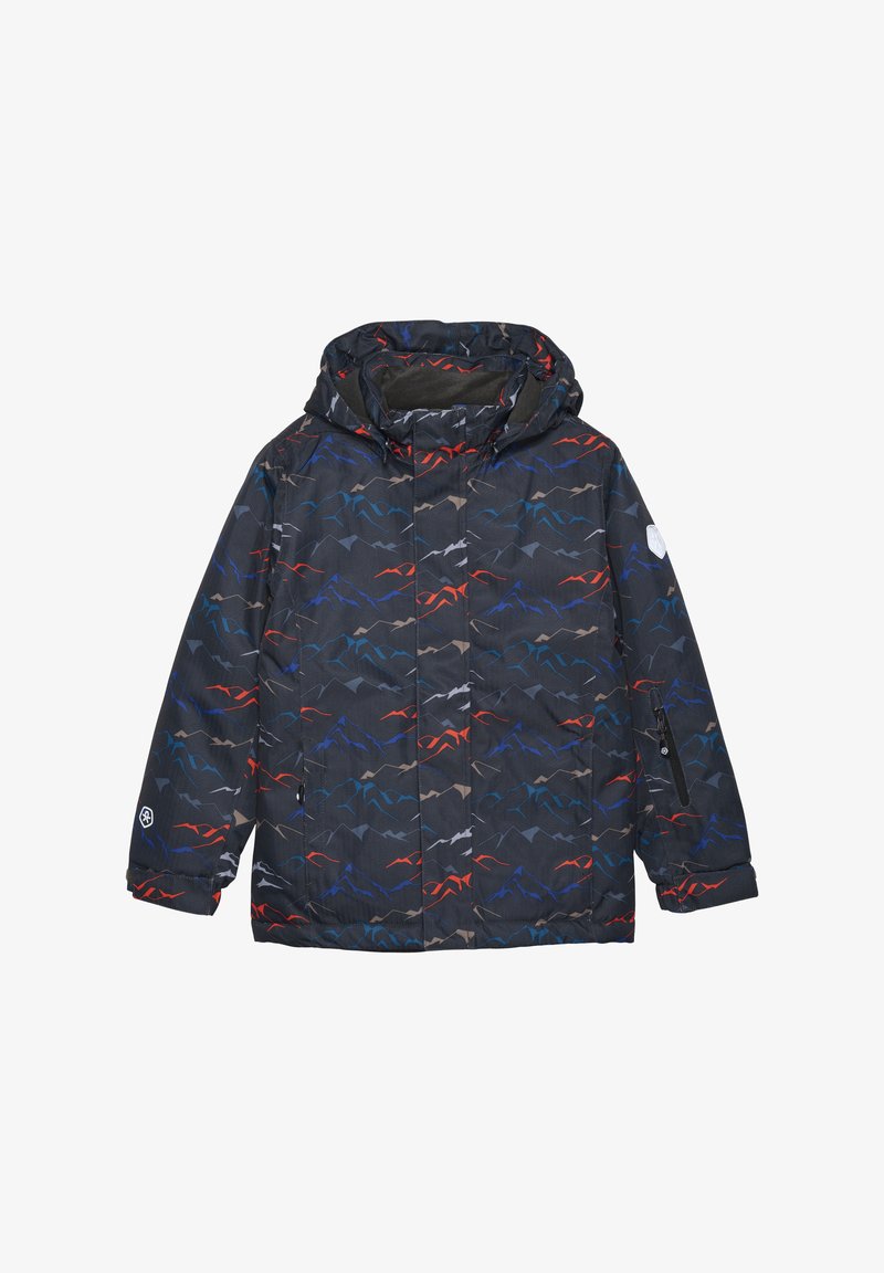 Padded jacket with a hood, dark base color featuring a mountain pattern in red, blue, and gray. Includes a side pocket and logo detail.