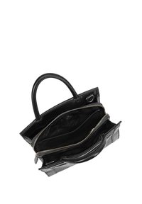 Zwarte leren handtas met textuuraccenten, twee compartimenten en een ritssluiting. Voorzien van twee stevige handvatten voor het dragen.