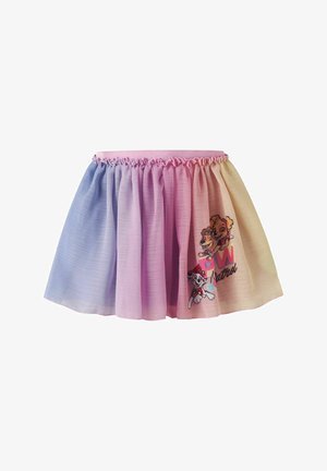 Jupe avec taille élastique aux couleurs de l'arc-en-ciel, avec les personnages et le logo de Paw Patrol imprimés sur le côté droit avant.