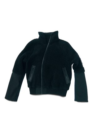 Black fleece jacket with a high collar, zippered front, and ribbed hem. Features long sleeves with smooth fabric, and zippered side pockets.