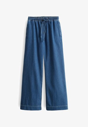 Helle Jeans mit weiter Beinform in Mittelblau. Mit einem elastischen Bund und einem Kordelzug ausgestattet und in einem schlichten Design mit glatter Textur.