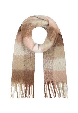 Franje-sjaal van zacht materiaal, met een verloop van beige, roze en bruine ruitpatronen. Lichtgewicht en comfortabel ontwerp.