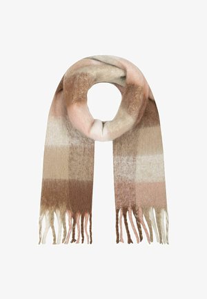 Sciarpa frangiata in morbido tessuto, caratterizzata da una gradazione di motivi a quadri beige, rosa e marrone. Design leggero e accogliente.