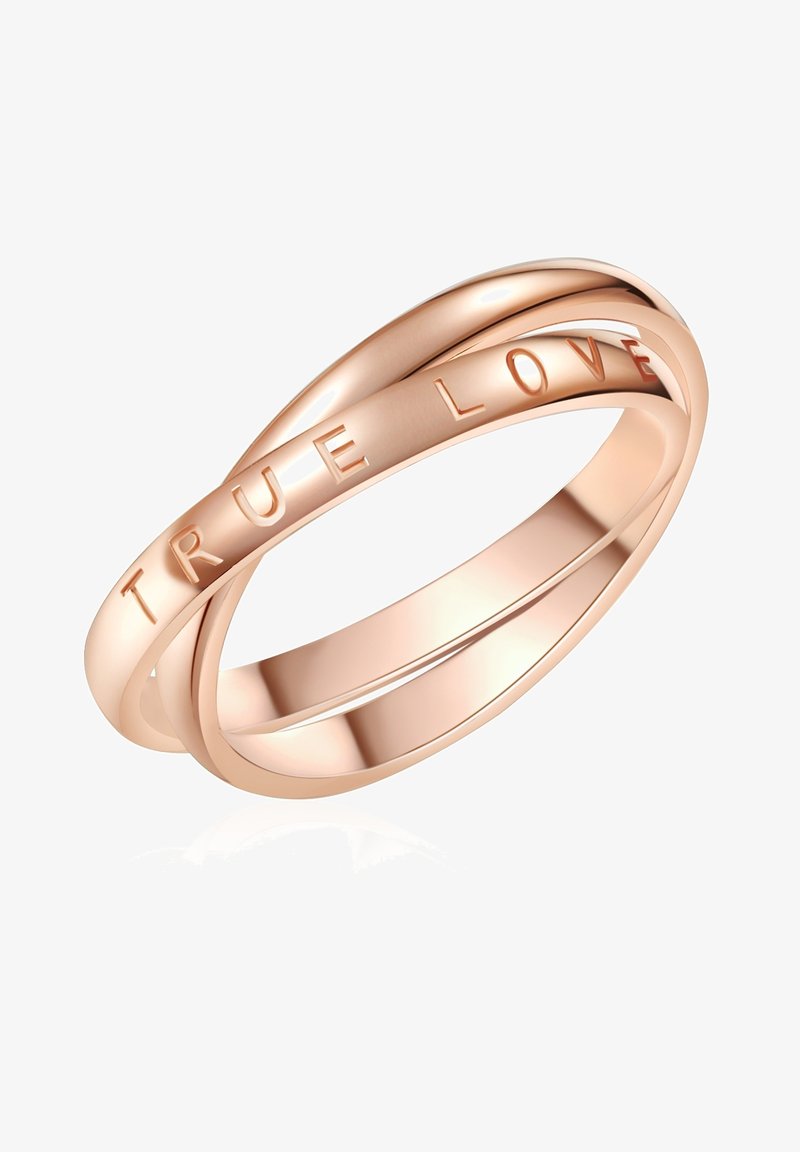 Rózsaarany színű, egymásba fonódó gyűrűk, amelyek "IGAZ SZERELEM" felirattal, sima polírozott felülettel és lekerekített szélekkel rendelkeznek, így elegáns dizájnt alkotva.