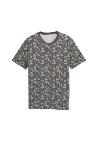 Koszulka z krótkim rękawem w serek, wykonana z materiału z ciemnoszarym wzorem kwiatowym na jasnoszarym tle.