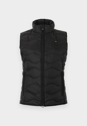 Veste sans manches matelassée noire avec col montant, fermeture éclair à l'avant et petite étiquette de marque sur la poitrine gauche.