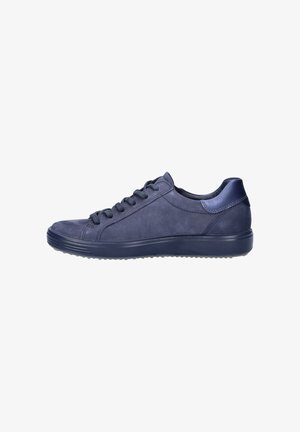 Navy blue sneaker with a smooth suede texture, lace-up design, subtle stitching details, and a contrasting heel accent. Lightweight rubber sole.