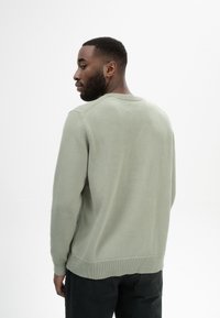 Hellgrüner Pullover mit geripptem Ausschnitt und Bündchen. Glatte Textur, taillierte Silhouette, sichtbare Nähte entlang der Säume, getragen über dunklen Hosen.