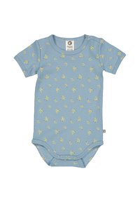 Niebieski prążkowany body niemowlęce z krótkimi rękawami, z żółtym wzorem bananów i zapięciem na zatrzask u dołu, co ułatwia przebieranie.