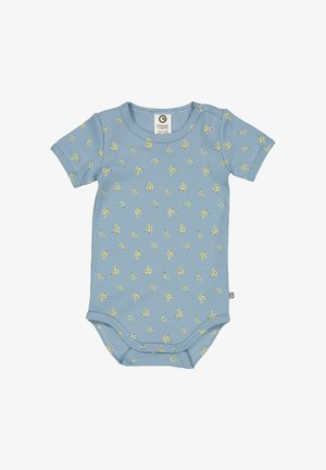 Sininen ribbinen vauvan body lyhyillä hihoilla, jossa on keltainen banaanikuvio ja nepparit alaosassa helppoa pukeutumista varten.