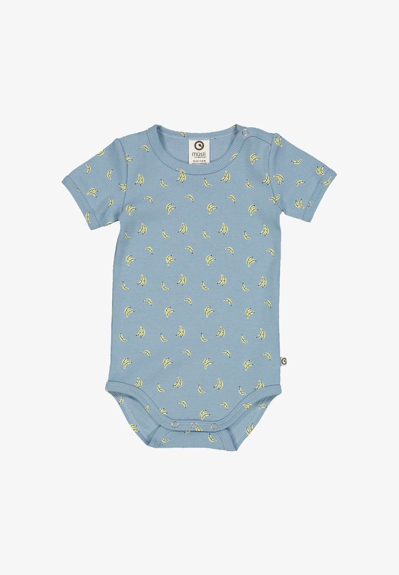 Niebieski prążkowany body niemowlęce z krótkimi rękawami, z żółtym wzorem bananów i zapięciem na zatrzask u dołu, co ułatwia przebieranie.