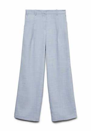 Svetlo modre široke hlače iz teksturirane tkanine z gubami, pasom in čistim, krojenim dizajnom.