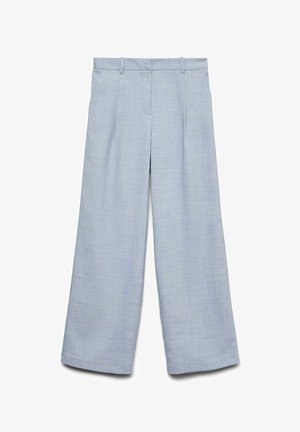 Lyseblå vid bukse laget av teksturert stoff, med folder, midjebånd og et rent, skreddersydd design.