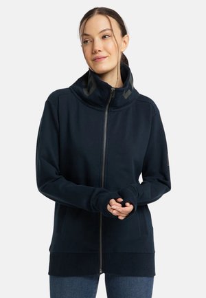 Marinefarbener Zip-Hoodie mit hohem Kragen, Daumenlöchern in den Ärmelbündchen und einem strukturierten Muster am Kragen. Weicher Stoff mit geripptem Saum.