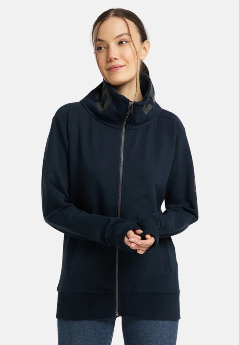 Marinefarbener Zip-Hoodie mit hohem Kragen, Daumenlöchern in den Ärmelbündchen und einem strukturierten Muster am Kragen. Weicher Stoff mit geripptem Saum.