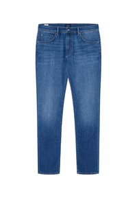 Jeans de mezclilla azul con corte recto, cinco bolsillos y un sutil acabado desteñido. Cuenta con un cierre de botón y cremallera, así como presillas para cinturón.