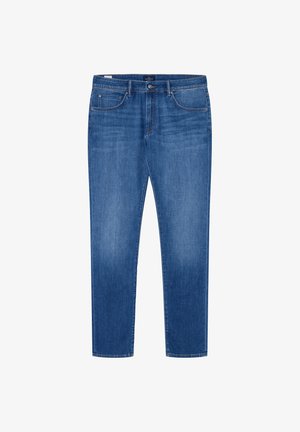 Jeans de mezclilla azul con corte recto, cinco bolsillos y un sutil acabado desteñido. Cuenta con un cierre de botón y cremallera, así como presillas para cinturón.