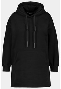 Sudadera negra hecha de tela suave, con un gran bolsillo frontal, capucha con cordón y puños acanalados. Diseño simple y minimalista.