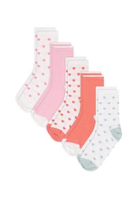Πέντε ζευγάρια καλτσών μέχρι τη μέση της γάμπας σε ροζ, κοραλί και λευκό, με σχέδια καρδιών και αντιθετικές μανσέτες από μαλακό βαμβακερό μείγμα υλικού.