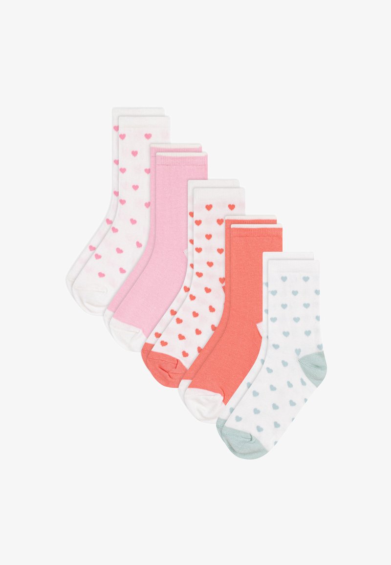 Cinq paires de chaussettes mi-mollet en rose, corail et blanc, avec des motifs en forme de cœur et des bordures contrastantes en matière douce mélangée en coton.