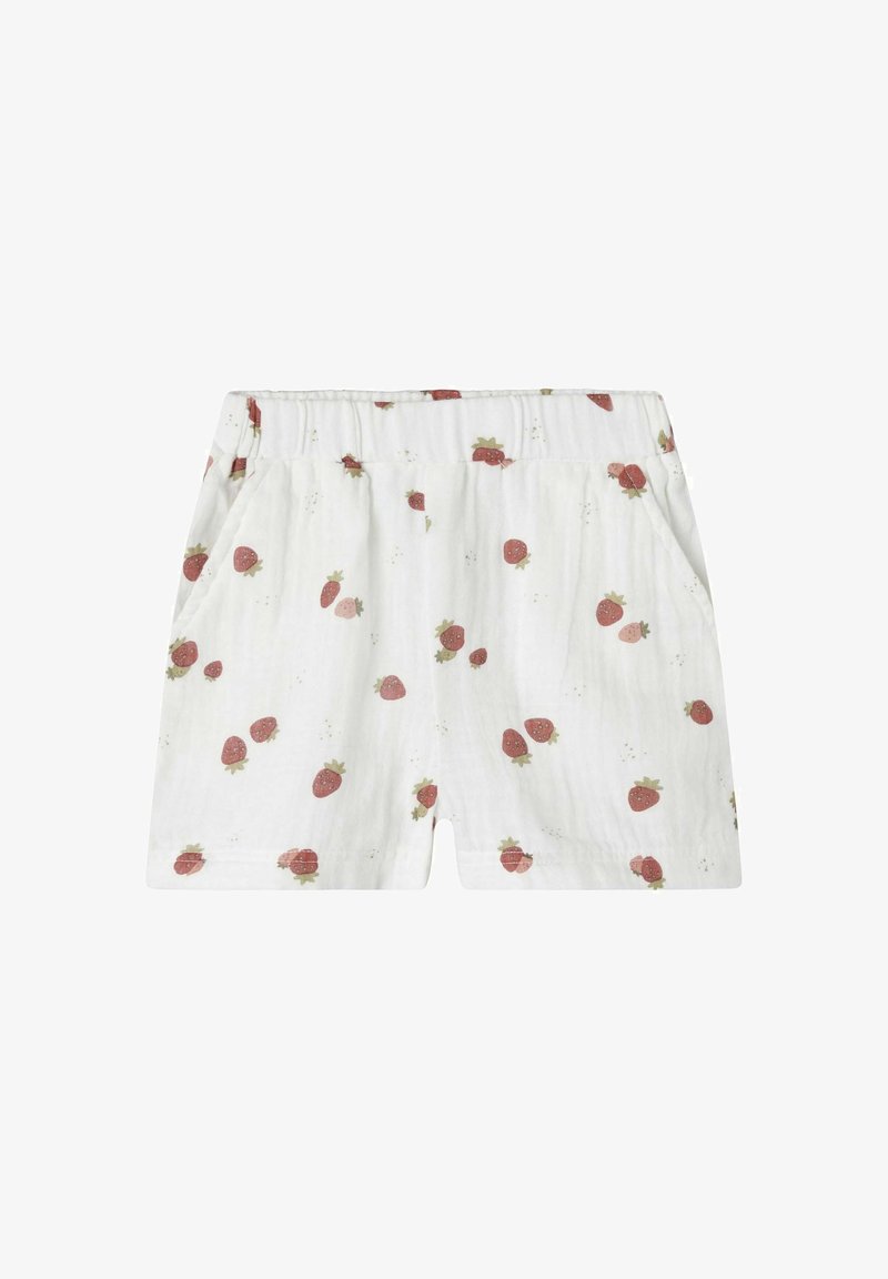 White shorts made of lightweight fabric, featuring a scattered strawberry print in red and green, with an elastic waistband and side pockets.
