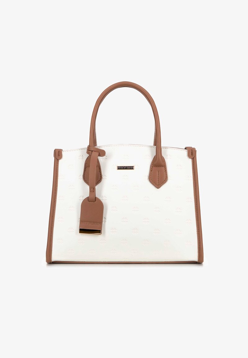 Borsa bianca con motivo in rilievo, dettagli in finta pelle marrone, doppi manici e un'etichetta rimovibile. Design strutturato con una finitura lucida.