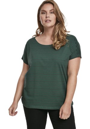 Green and black striped short-sleeve top with a rounded neckline and a loose fit, made from light fabric, displayed on a neutral background.