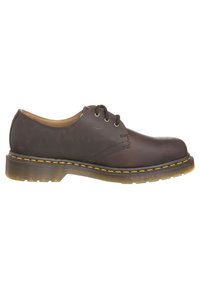 Braune Leder-Schnürschuhe mit runder Zehenpartie, die gelbe Nähte entlang der Sohle und eine strukturierte Gummisohle aufweisen.