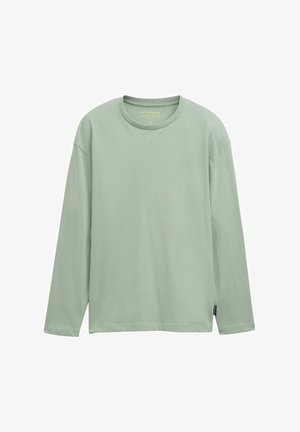 Camiseta de manga larga en verde claro, hecha de algodón suave, con un escote redondo y un corte holgado, con una etiqueta en el lado inferior.
