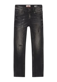 Jeans de mezclilla negra con un acabado desgastado, que presentan parches desgastados y detalles de costura sutiles. Cierre de botón y trabillas para cinturón incluidos.