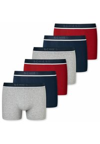 Boxer briefs set featuring three colors: gray, navy, and red. Fabric has a smooth texture with elastic waistbands and subtle white accents.