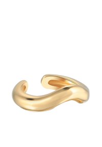 Pulsera de brazalete ajustable en tono dorado con un diseño suave y curvado. Presenta extremos redondeados y una superficie brillante y reflectante. Sin patrones ni acentos.