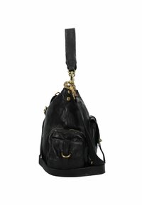 Zwarte lederen tas met een gestructureerde afwerking, voorzien van een enkele schouderriem, gouden hardware en twee buitenzakken.