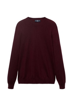 Dunkelburgunderfarbener Langarmpullover mit Rundhalsausschnitt und gerippten Bündchen und Saum, auf einem weißen Hintergrund präsentiert.
