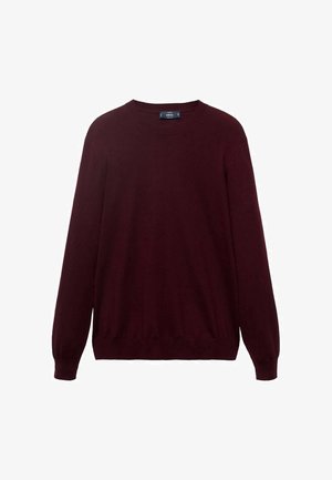 Mørk burgunder langærmet crewneck sweater med ribbede manchetter og kant, vist på en hvid baggrund.